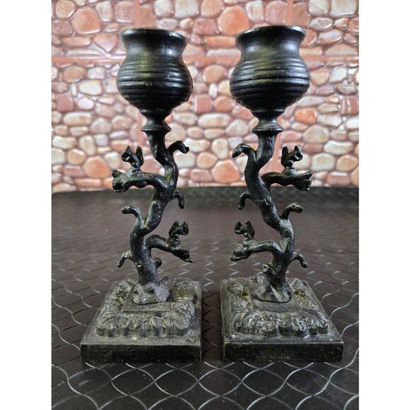 Two Ornate Squirrels on a Tree Black Cast Iron Candle Holder 8in Tall - Picture 1 of 12